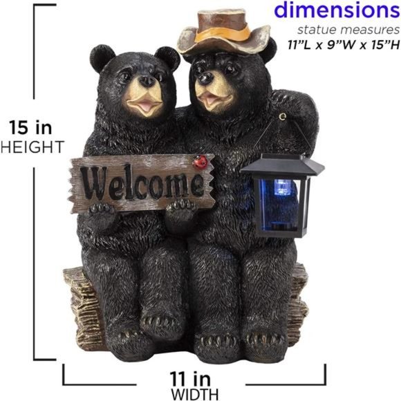 15" Tall Outdoor Bear Couple with Lantern Welcome Sign Statue with Solar LED - Picture 5 of 6